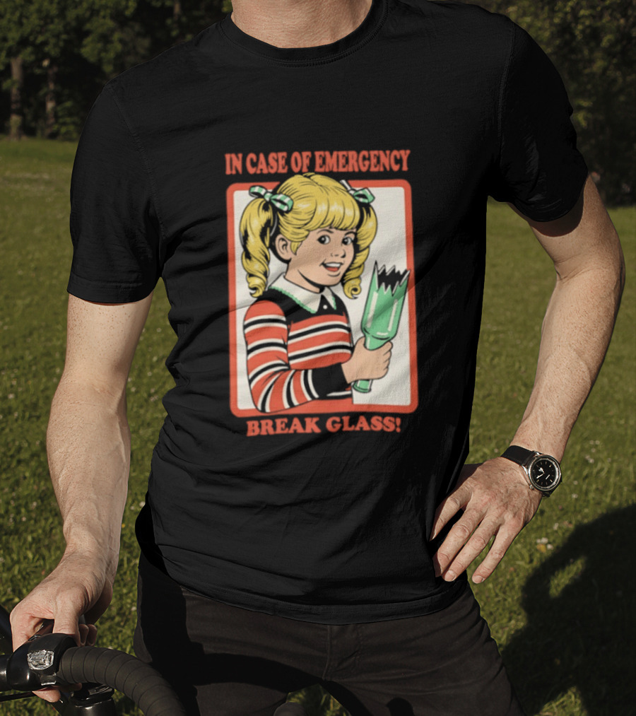 In Case Of Emergency Break Glass Blonde Girl With Striped Sweater Holding Broken Bottle T-Shirt