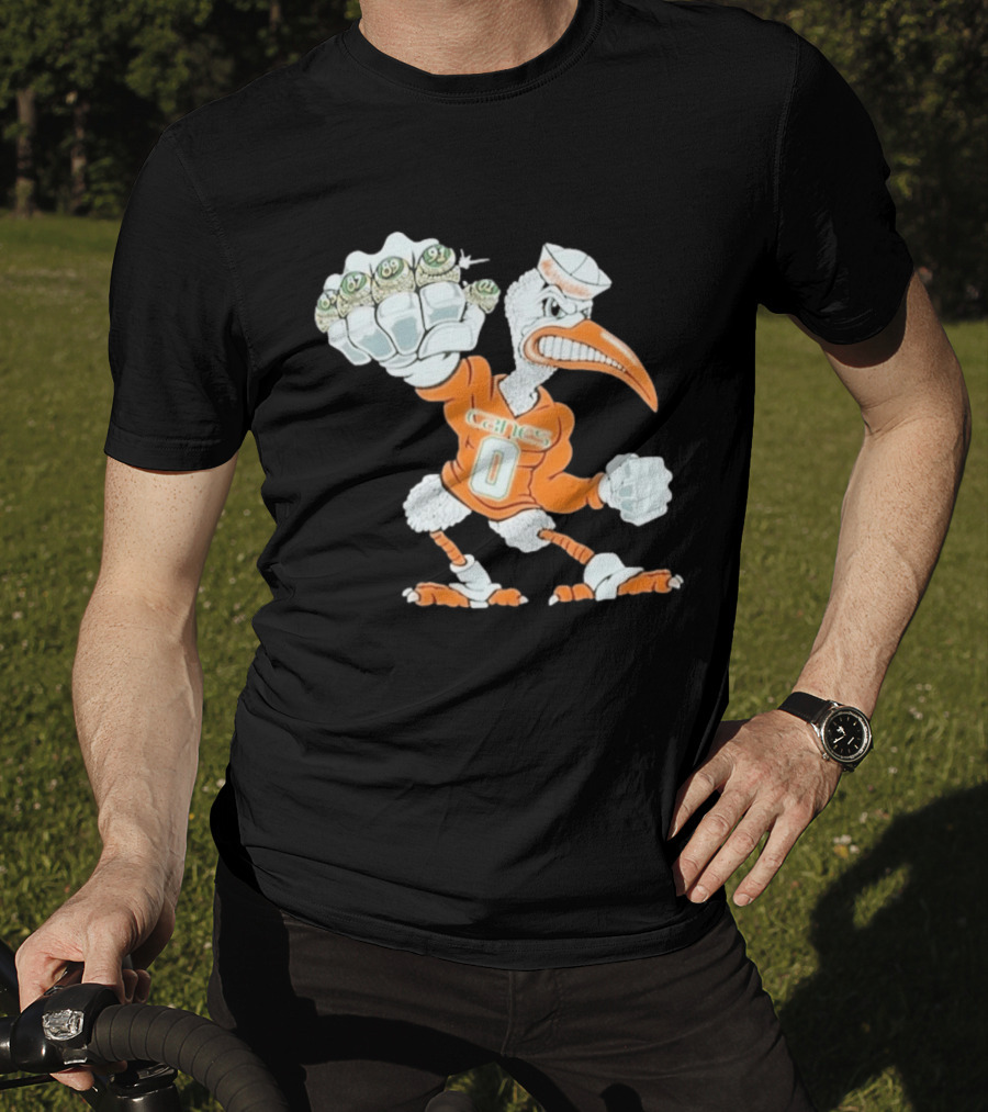 Miami Hurricanes Sebastian The Ibis 5 Rings Champs 1983 1987 1989 1991 2001 T-Shirt