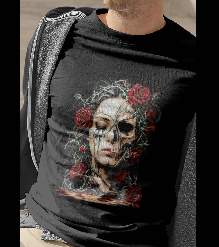 Eleventy Skull And Roses Gothic Heavy Metal Image With Thorns And Red Roses T-Shirt