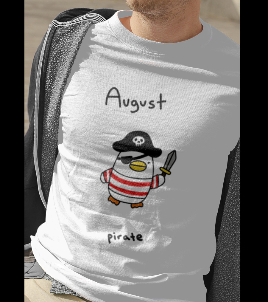 August Pirate Penguin Cartoon Striped Eyepatch Sword T-Shirt
