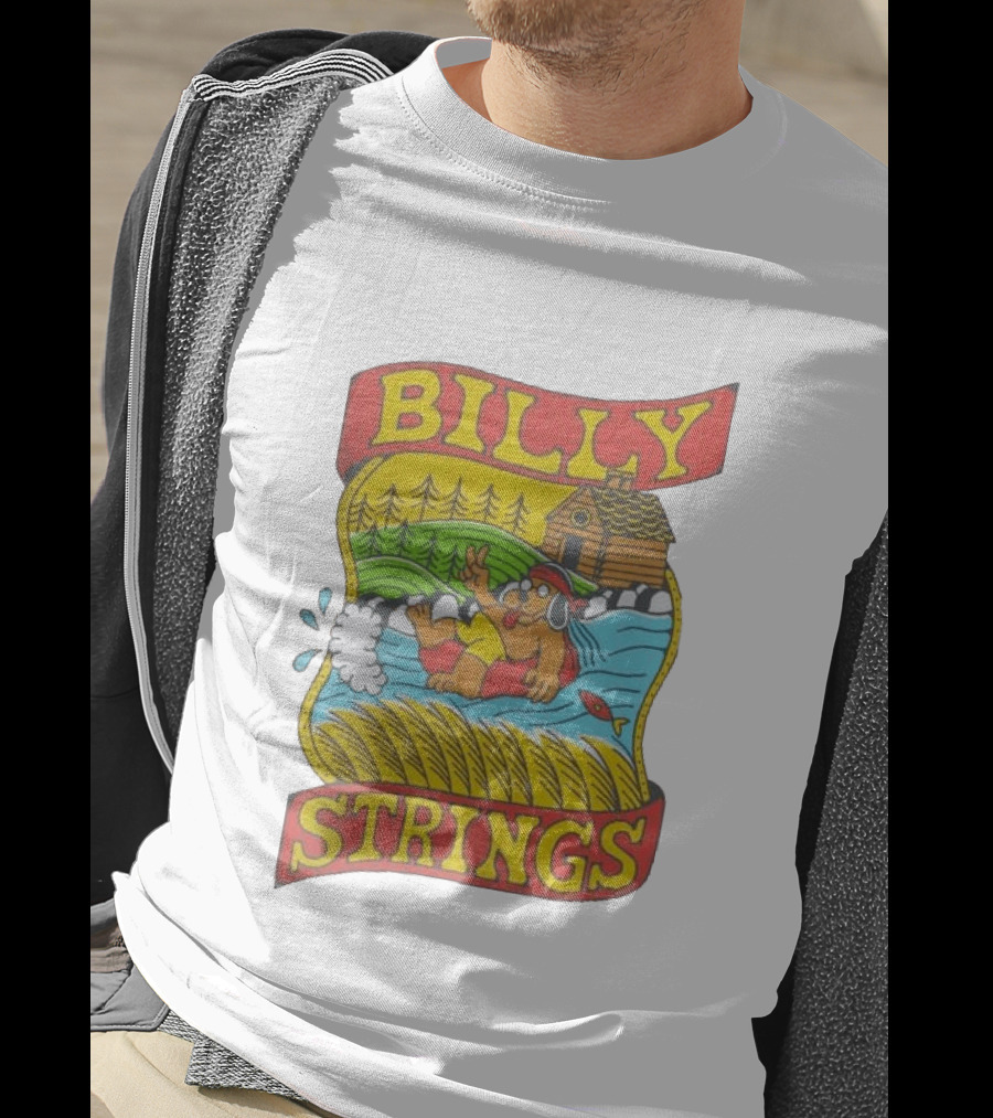 Billy Strings Tubing Bear Cabin Scene With Trees And Fish T-Shirt