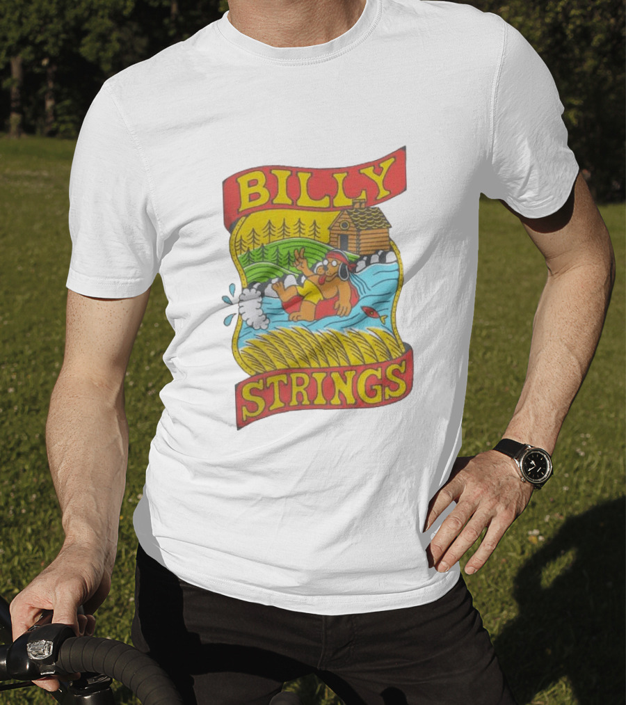 Billy Strings Tubing Bear Cabin Scene With Trees And Fish T-Shirt