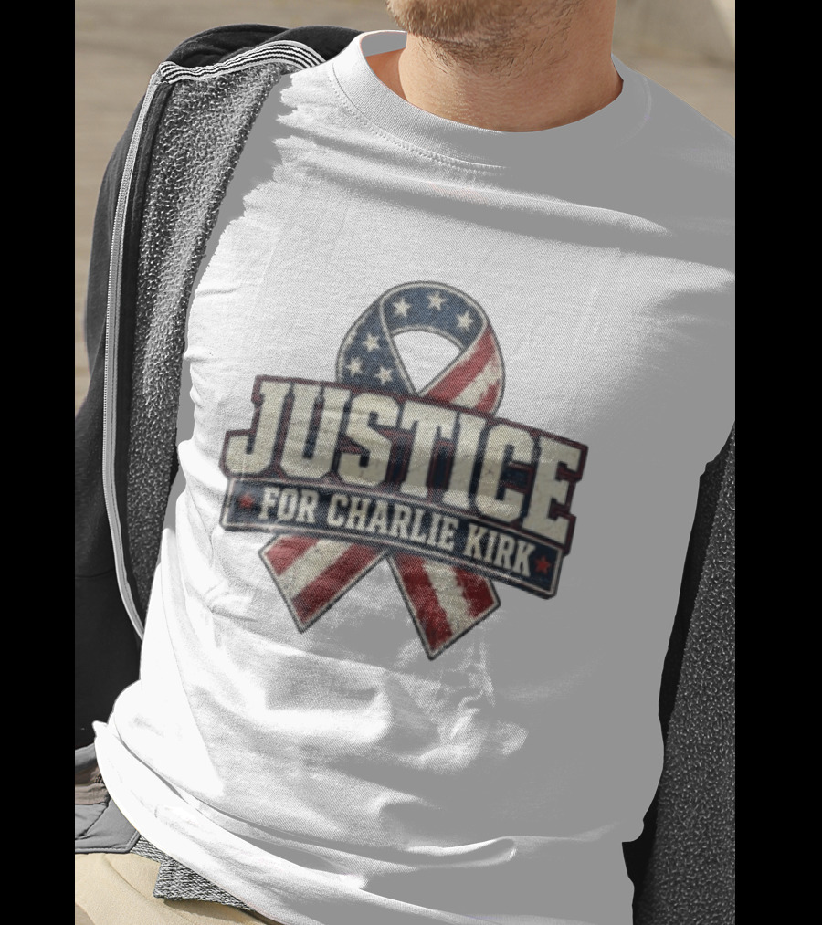 Justice For Charlie Kirk Distressed American Flag Ribbon T-Shirt