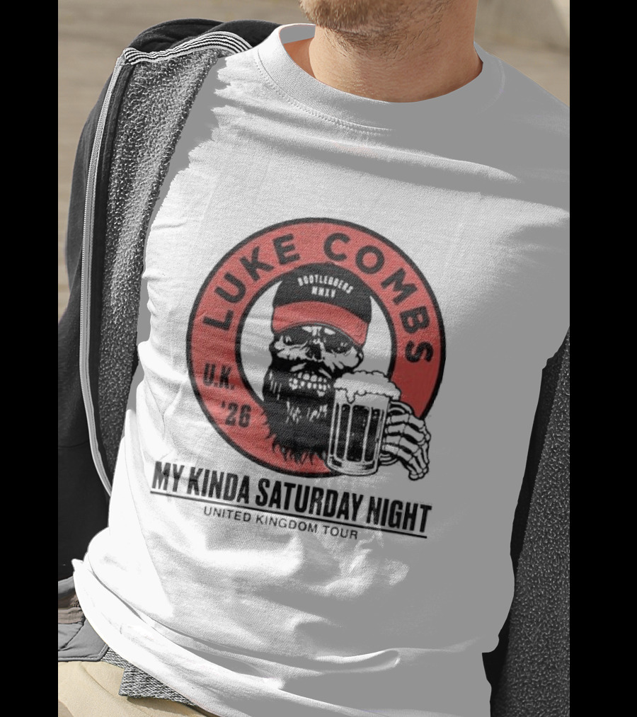 Luke Combs My Kinda Saturday Night UK Tour 2026 Pop Up Skeleton Holding Beer T-Shirt