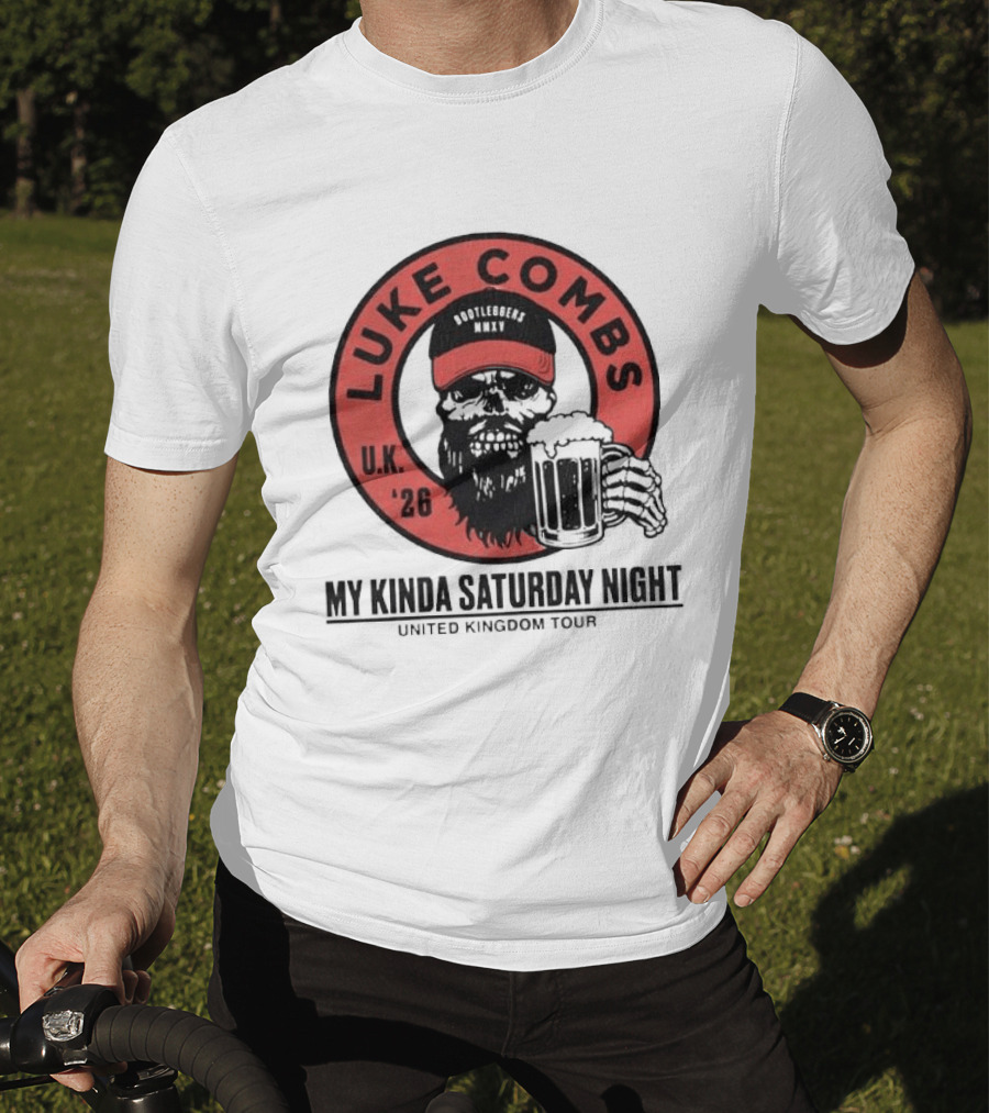 Luke Combs My Kinda Saturday Night UK Tour 2026 Pop Up Skeleton Holding Beer T-Shirt