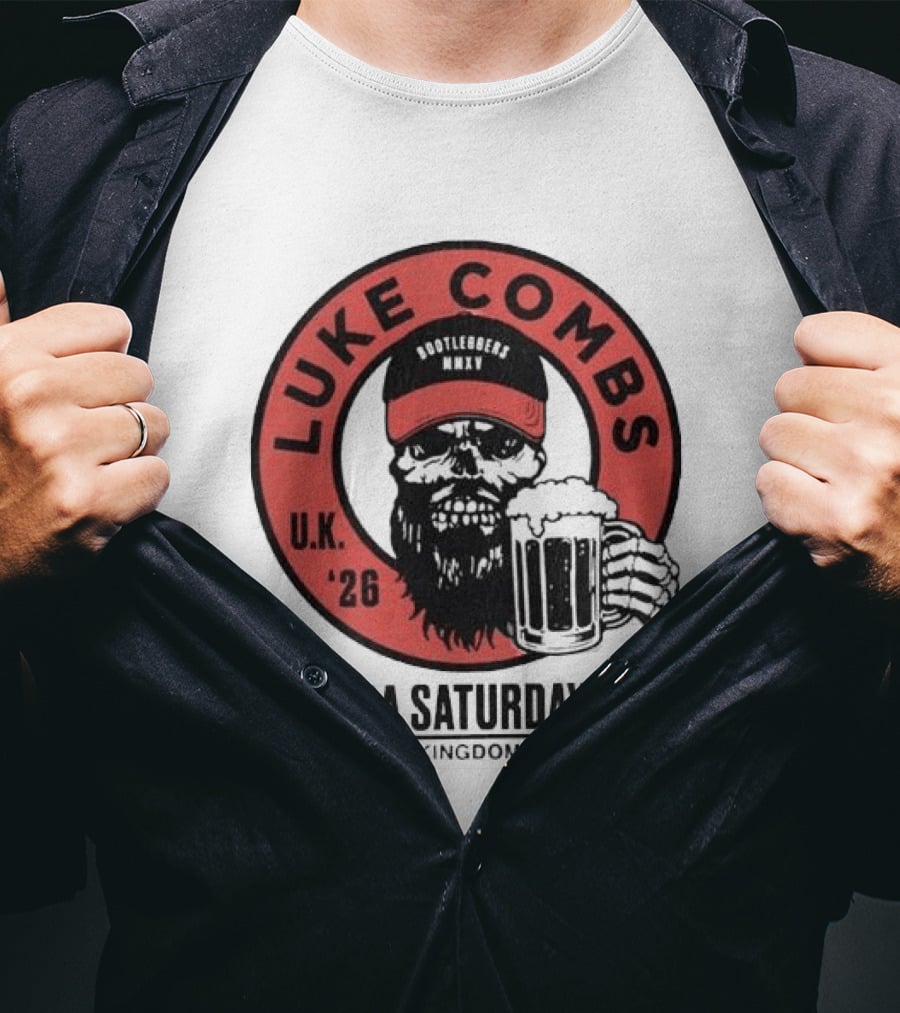 Luke Combs My Kinda Saturday Night UK Tour 2026 Pop Up Skeleton Holding Beer T-Shirt