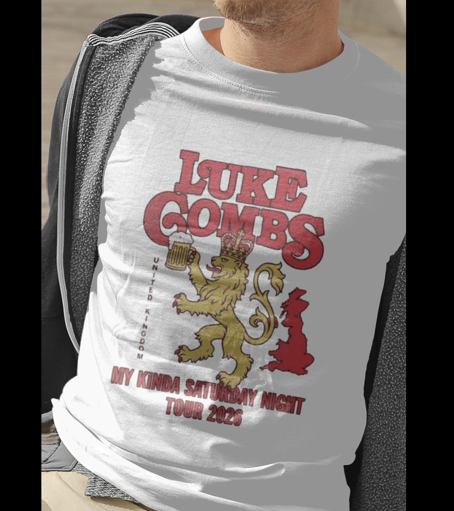 Luke Combs United Kingdom My Kinda Saturday Night Tour 2026 Lion Holding Beer T-Shirt