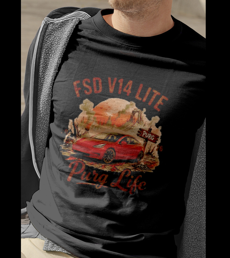 FSD V14 Lite Purg Life Tesla Car Adventure Distressed T-Shirt