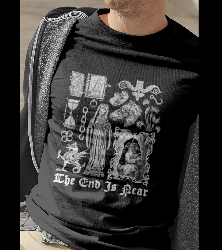 The End Is Near Gothic Occult Dark Medieval Symbols Skeleton Dragon Hourglass T-Shirt