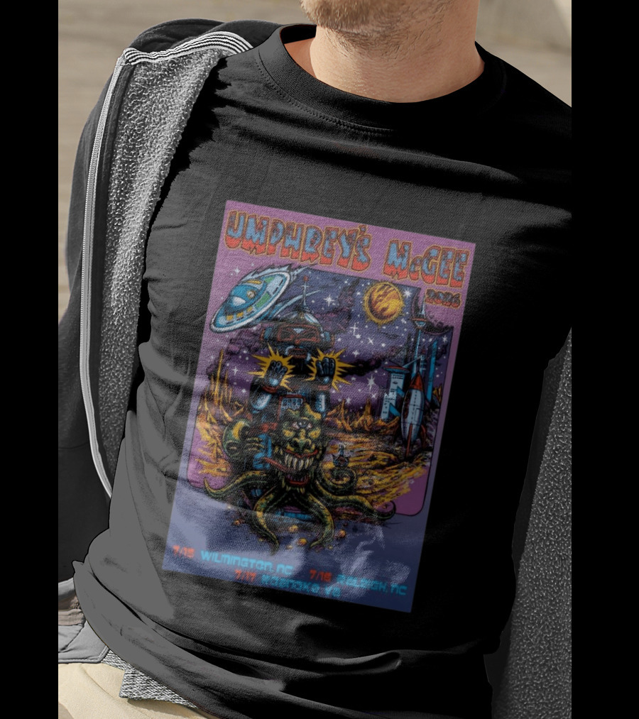 Umphrey's McGee 2026 Tour Dates With Sci Fi Art Featuring Space Monster And Robot In Roanoke VA T-Shirt