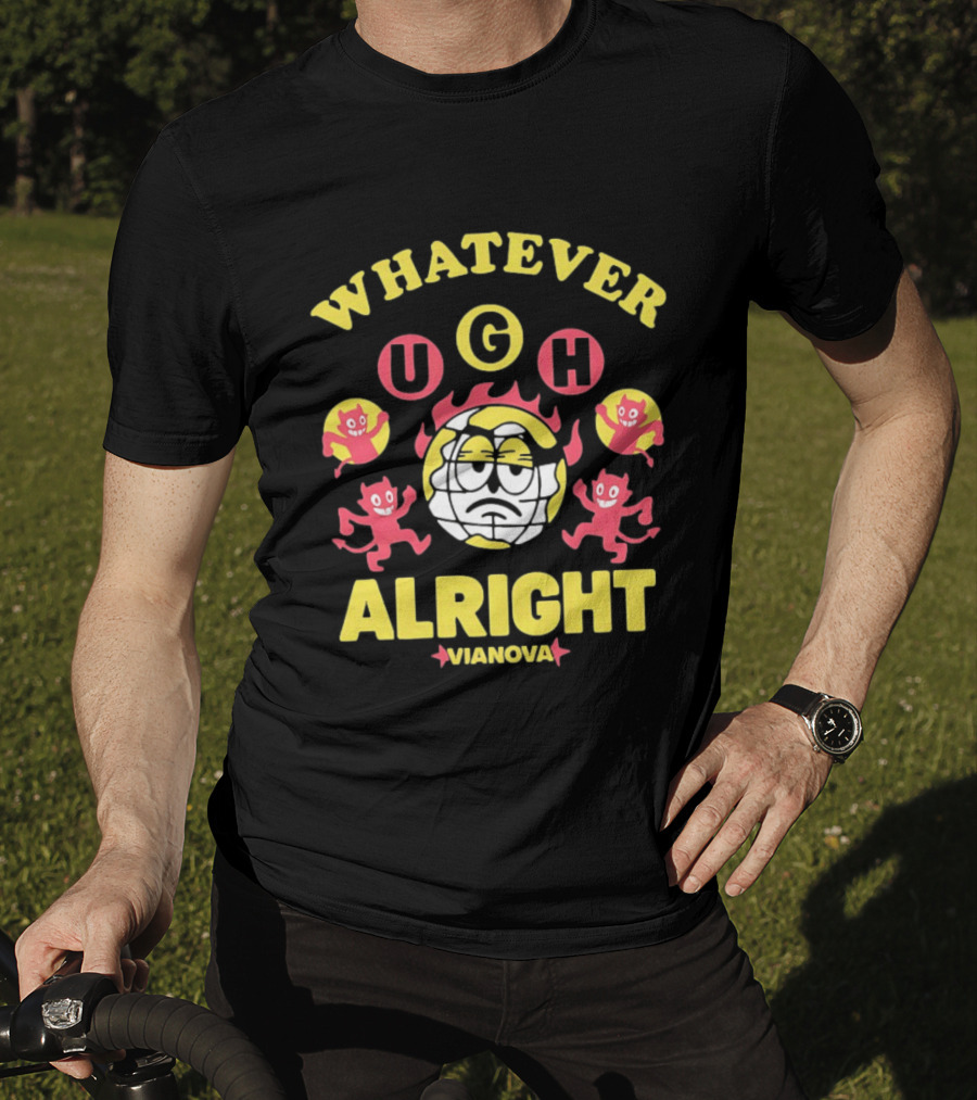 Vianova Whatever Ugh Alright Grumpy Globe Face Red Devils Cartoon T-Shirt