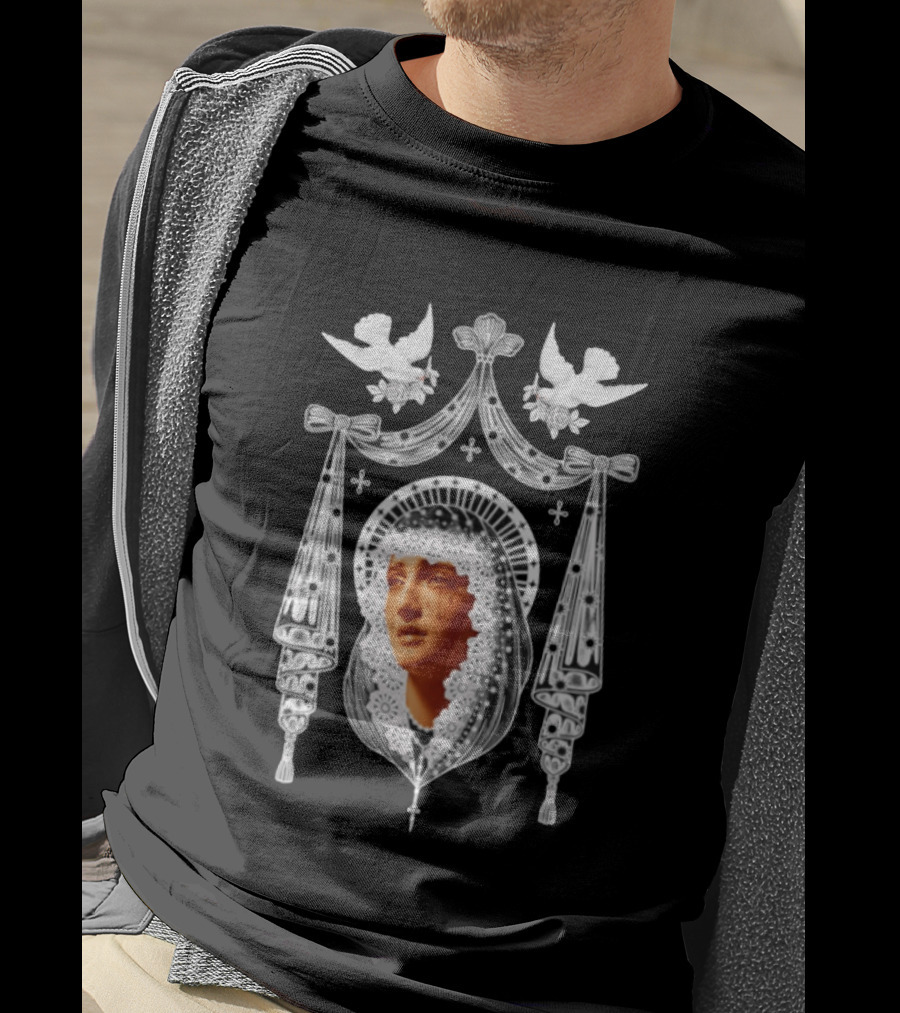 Weeping Virgin Mary Gothic Icon With Doves And Ornate Silver Details T-Shirt