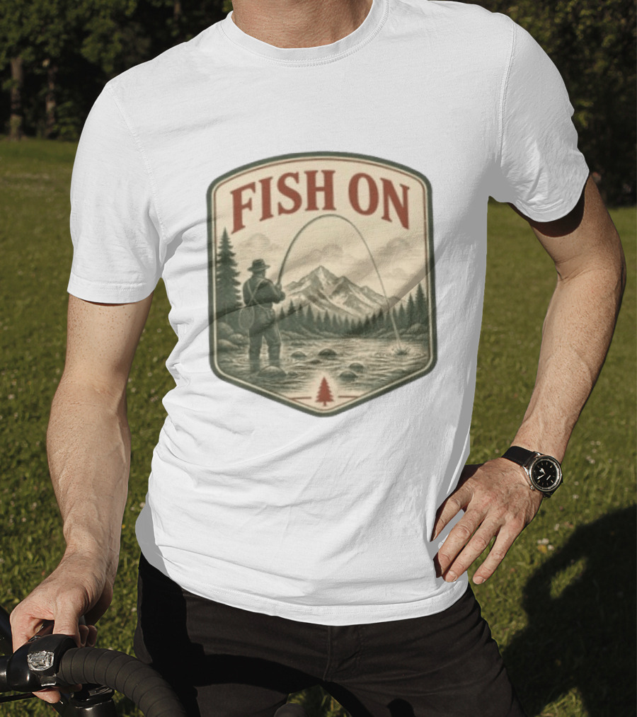 Fish On Fly Fishing Fisherman Mountain Landscape Adventure T-Shirt