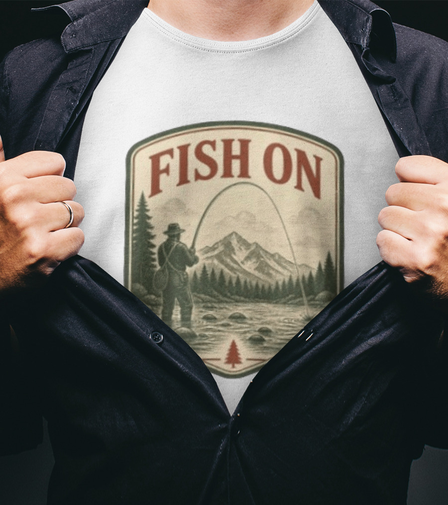 Fish On Fly Fishing Fisherman Mountain Landscape Adventure T-Shirt