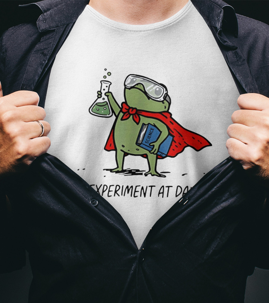 Heroic Science Frog We Experiment At Dawn With Lab Beaker And Book T-Shirt