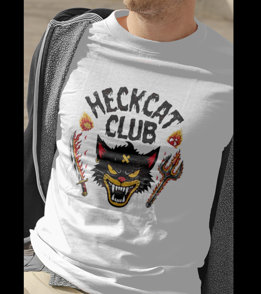 Heckcat Club Black Cat Sword Trident Flames T-Shirt