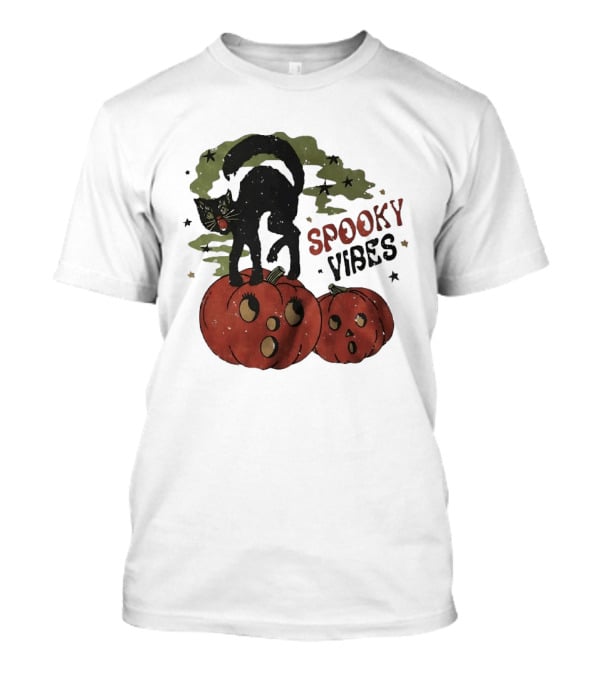 Spooky Vibes Black Cat Pumpkins Halloween Cartoon Stars T-Shirt
