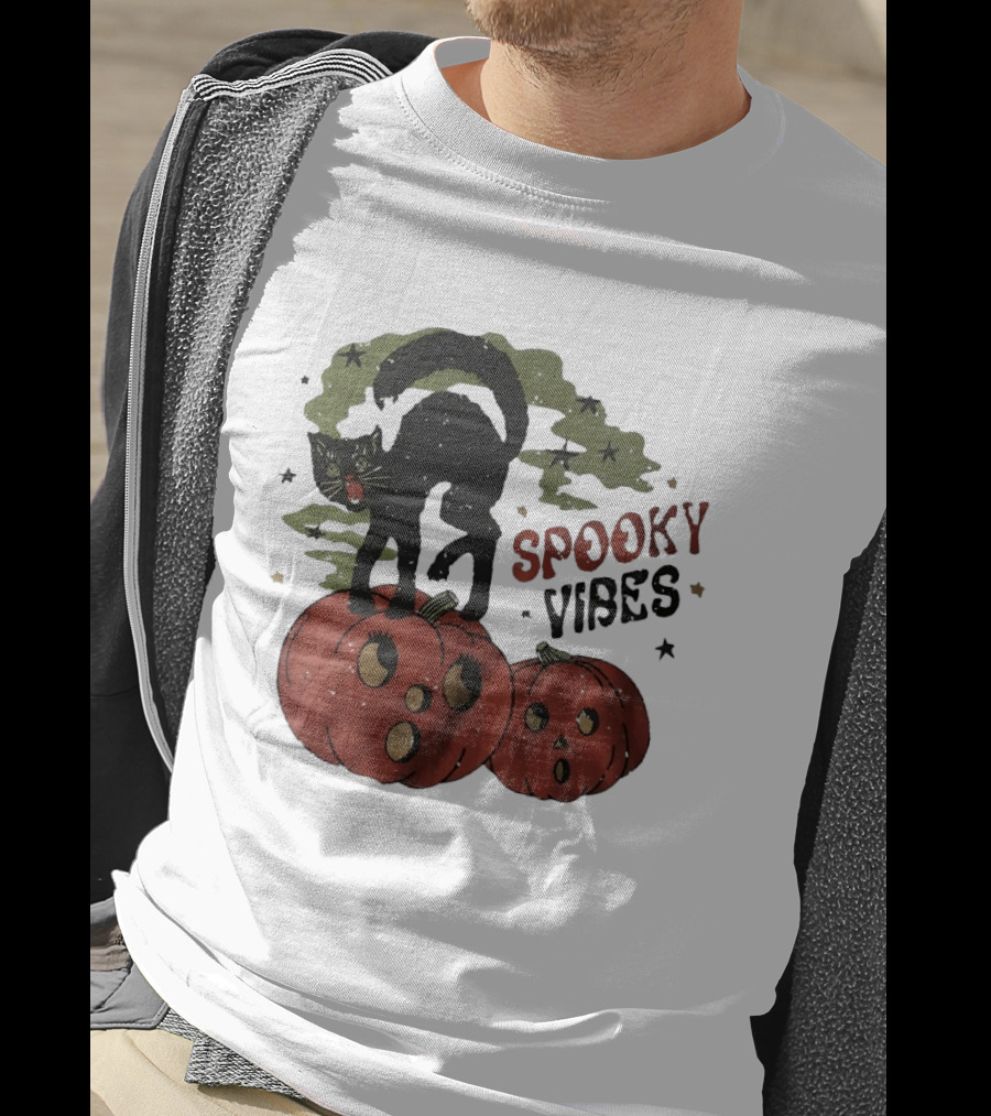 Spooky Vibes Black Cat Pumpkins Halloween Cartoon Stars T-Shirt