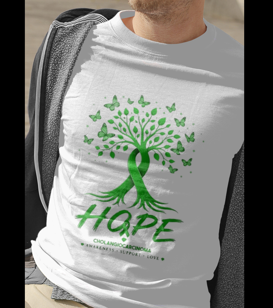 Hope Tree With Butterflies Cholangiocarcinoma Awareness Support Love Ribbon T-Shirt