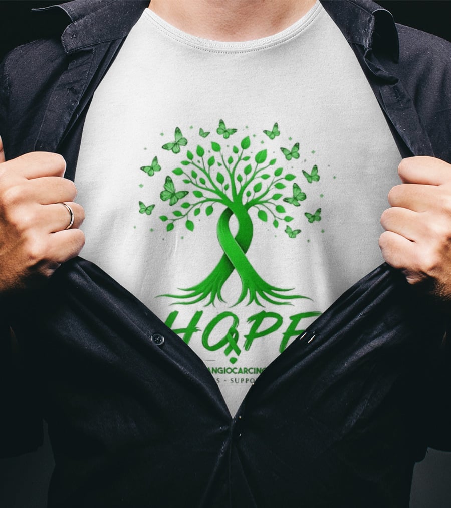Hope Tree With Butterflies Cholangiocarcinoma Awareness Support Love Ribbon T-Shirt