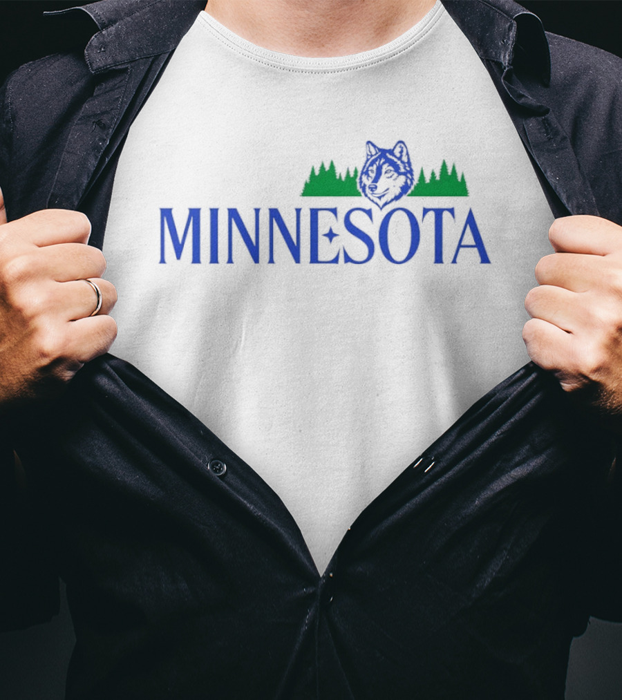 Minnesota Wolf Forest Nature Wildlife Scenery With Blue Green Trees And Animal T-Shirt