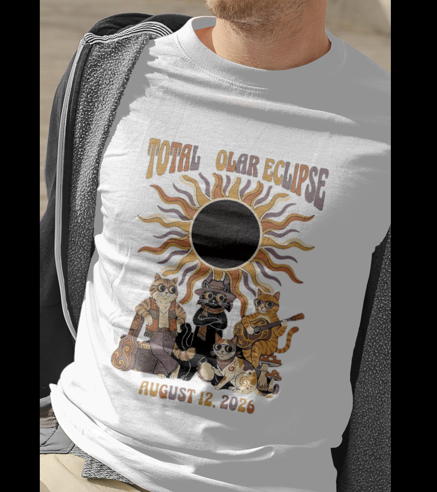 Total Solar Eclipse August 12 2026 Cats Band With Instruments And Sunglasses T-Shirt