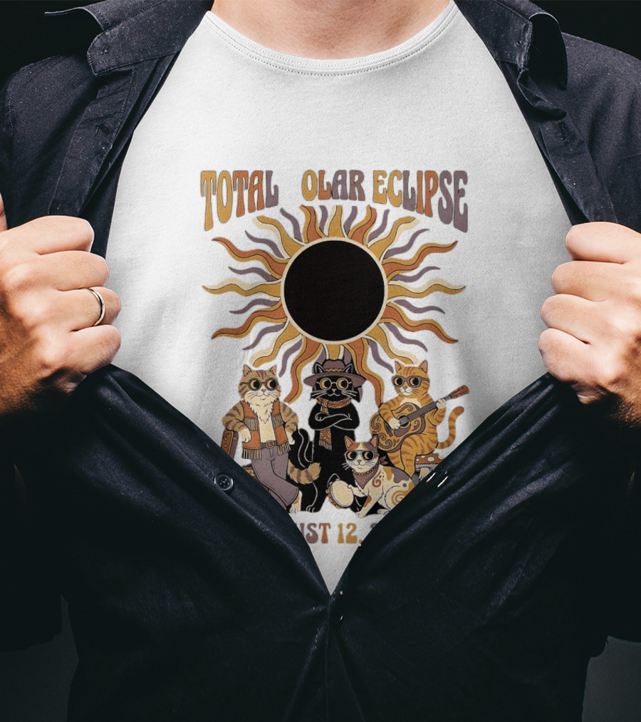 Total Solar Eclipse August 12 2026 Cats Band With Instruments And Sunglasses T-Shirt