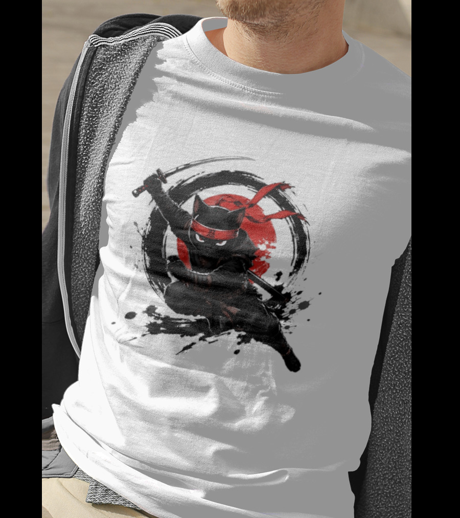 Ninja Cat Katana Warrior Red Rising Sun T-Shirt