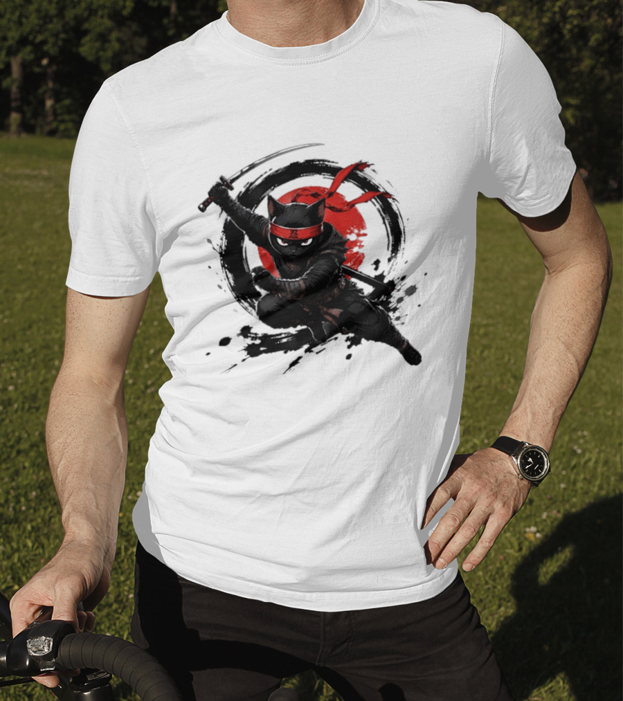 Ninja Cat Katana Warrior Red Rising Sun T-Shirt