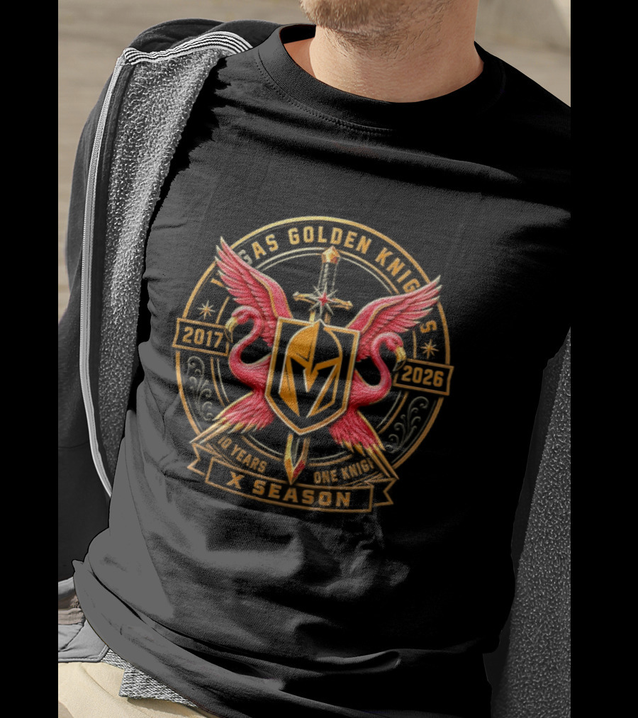 Vegas Golden Knights 2017 2026 10 Years One Knight X Season Flamingo Sword T-Shirt