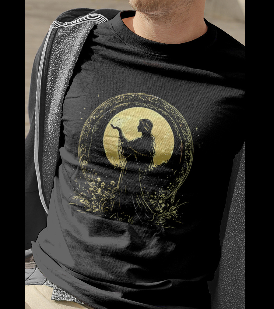 Woman Holding Moon Crescent Celestial Golden Lunar T-Shirt