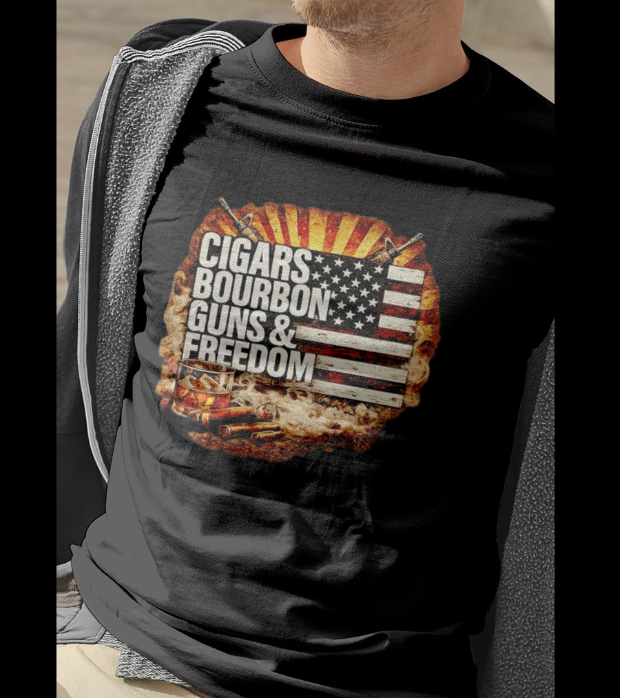 Cigars Bourbon Guns And Freedom American Flag Patriotic T-Shirt