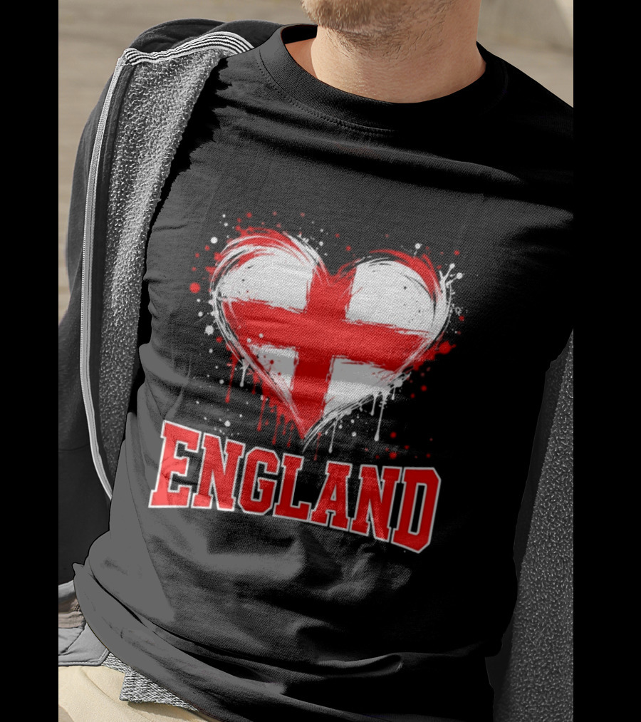 England Heart Flag Paint Splatter Red And White Cross T-Shirt