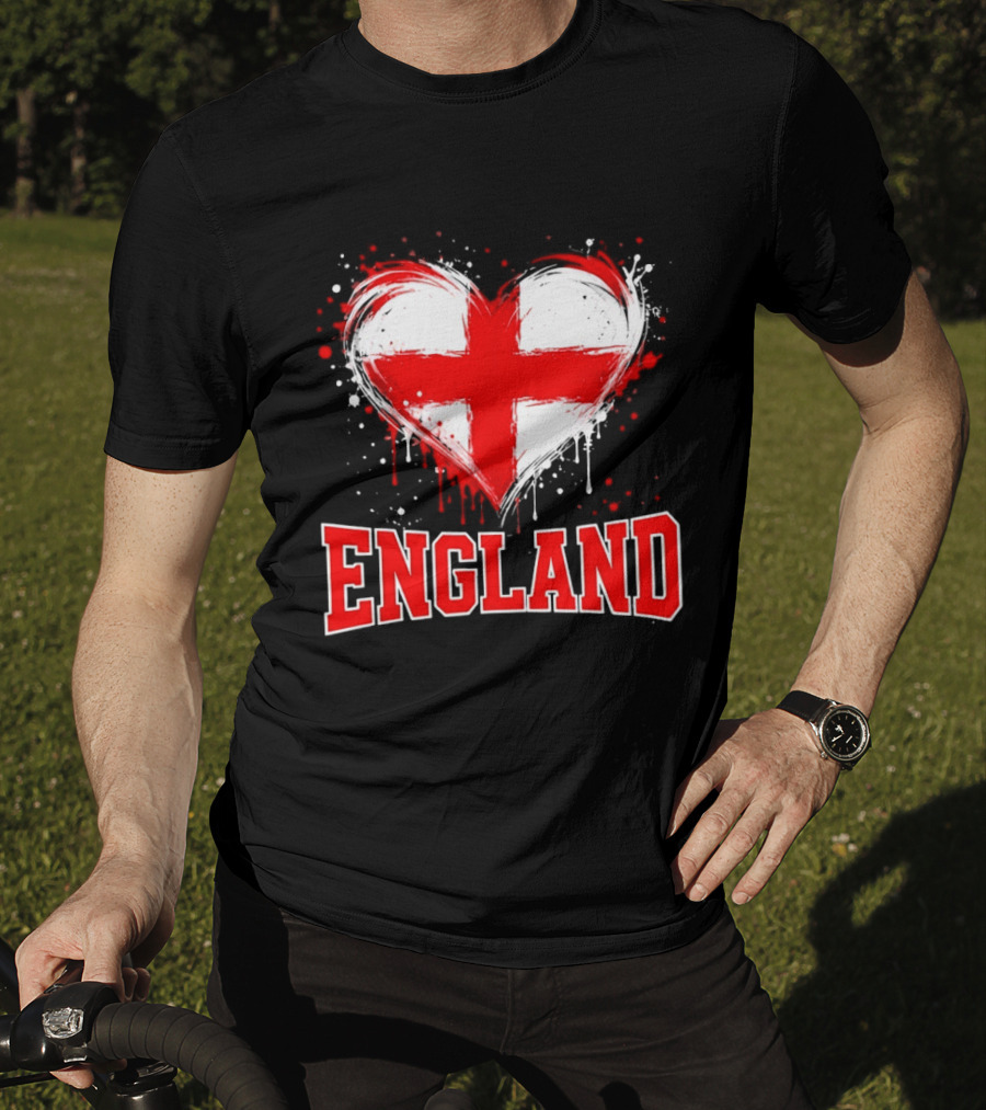 England Heart Flag Paint Splatter Red And White Cross T-Shirt