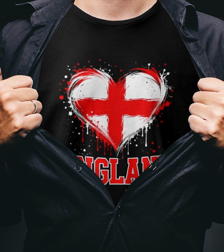 England Heart Flag Paint Splatter Red And White Cross T-Shirt
