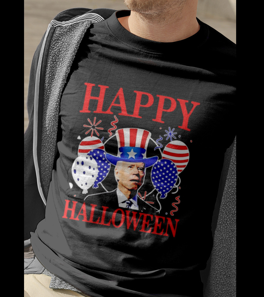 Happy Halloween Biden Uncle Sam Hat American Flag Balloons T-Shirt