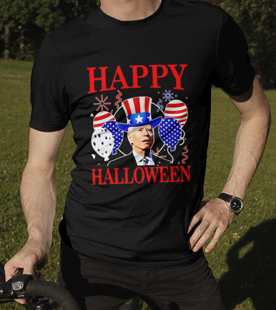 Happy Halloween Biden Uncle Sam Hat American Flag Balloons T-Shirt