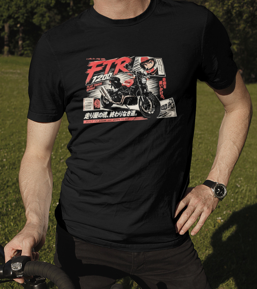 Indian FTR 1200 Flat Track Spirit Built To Roam Born To Rip 1203cc V Twin 123HP 120NM Japanese Manga T-Shirt