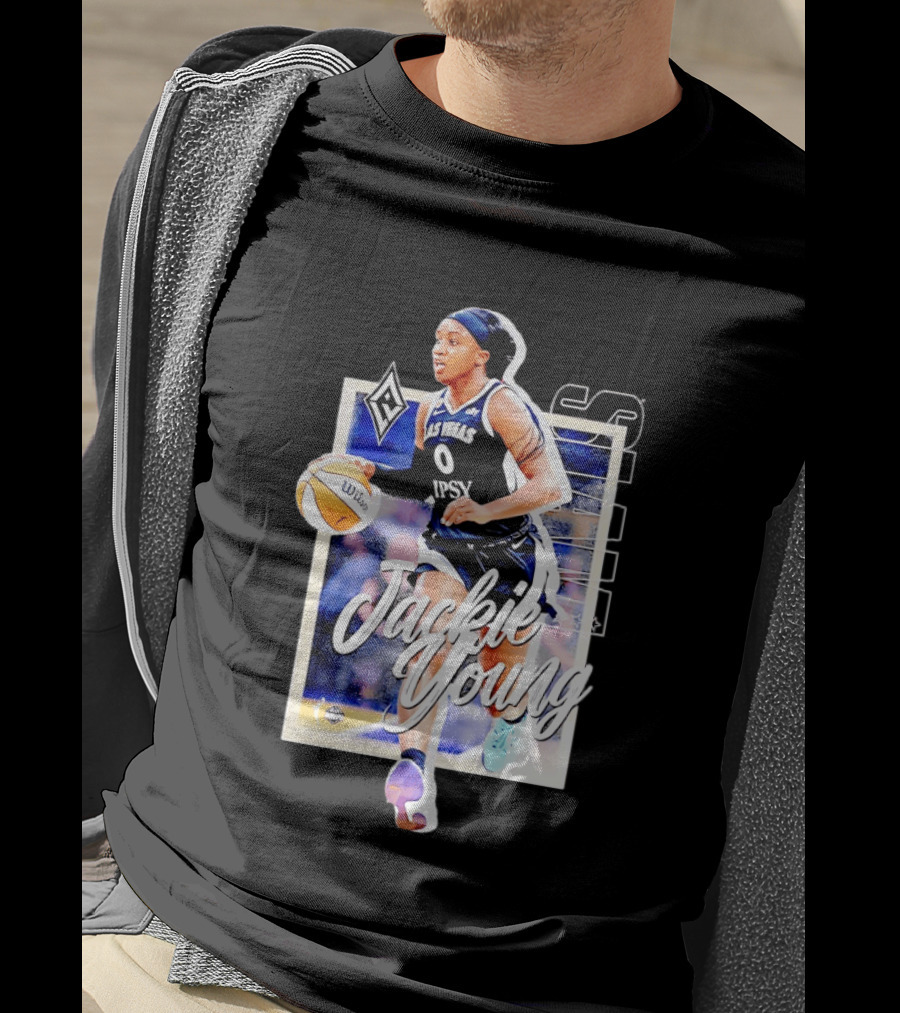 Jackie Young Las Vegas Aces Number 0 Dribbling Action With Wilson Basketball And Lids Headband T-Shirt