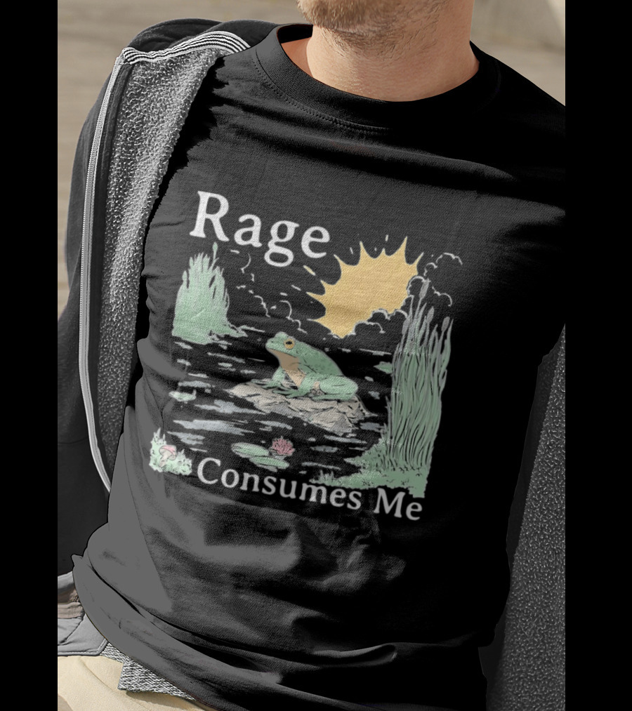 Rage Consumes Me Frog On Rock With Sunburst And Pond Scene T-Shirt