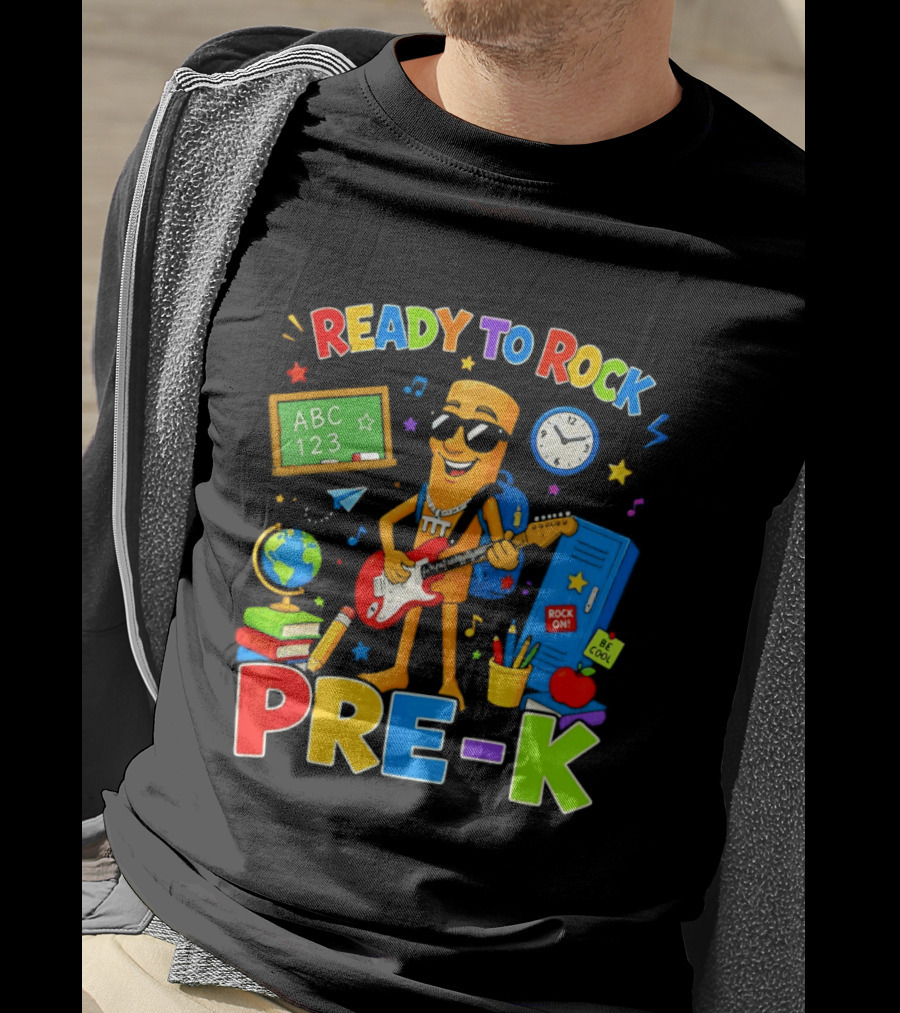 Ready To Rock Pre K Cartoon With Guitar And School Supplies T-Shirt