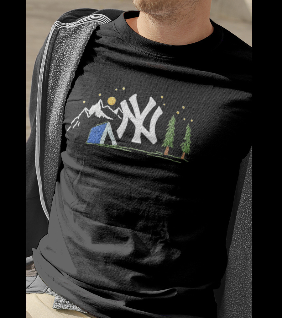 New York Yankees Embroidered Camping Mountain Tent Scene Cap T-Shirt