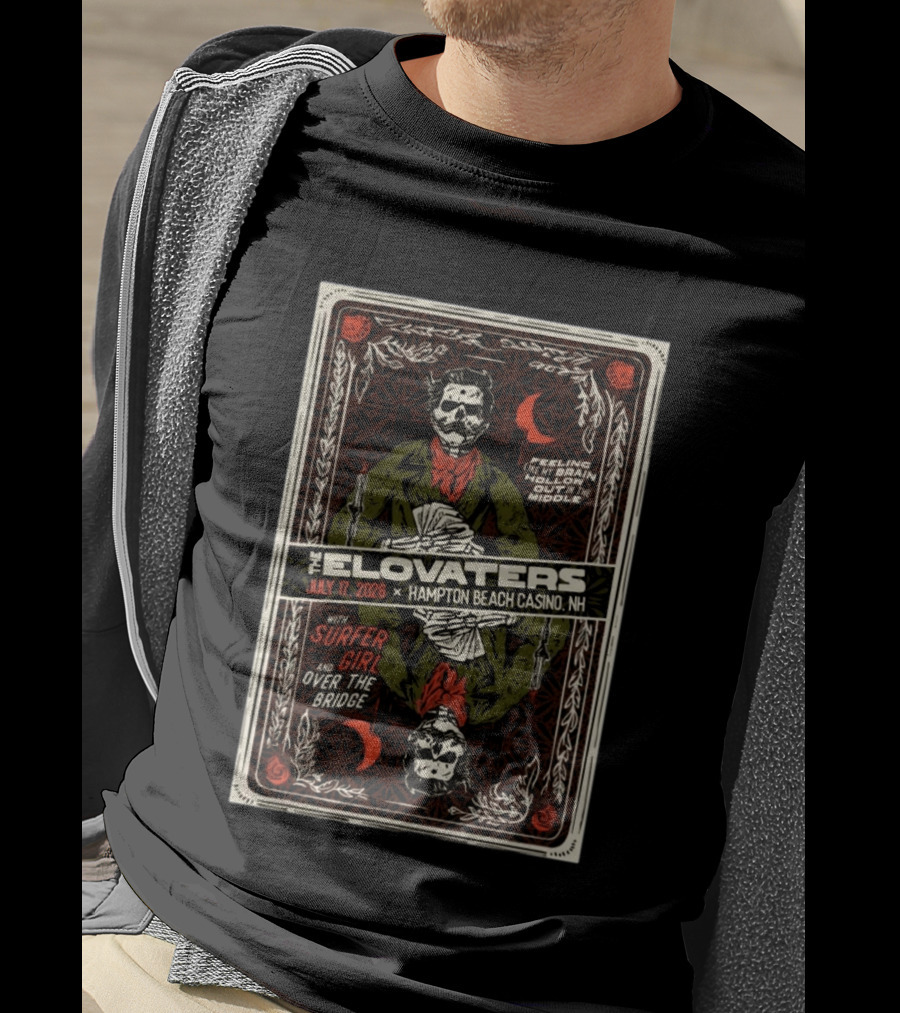 The Elovaters July 17 2026 Hampton Beach Casino NH Surfer Girl Over The Bridge Skeleton Cards T-Shirt