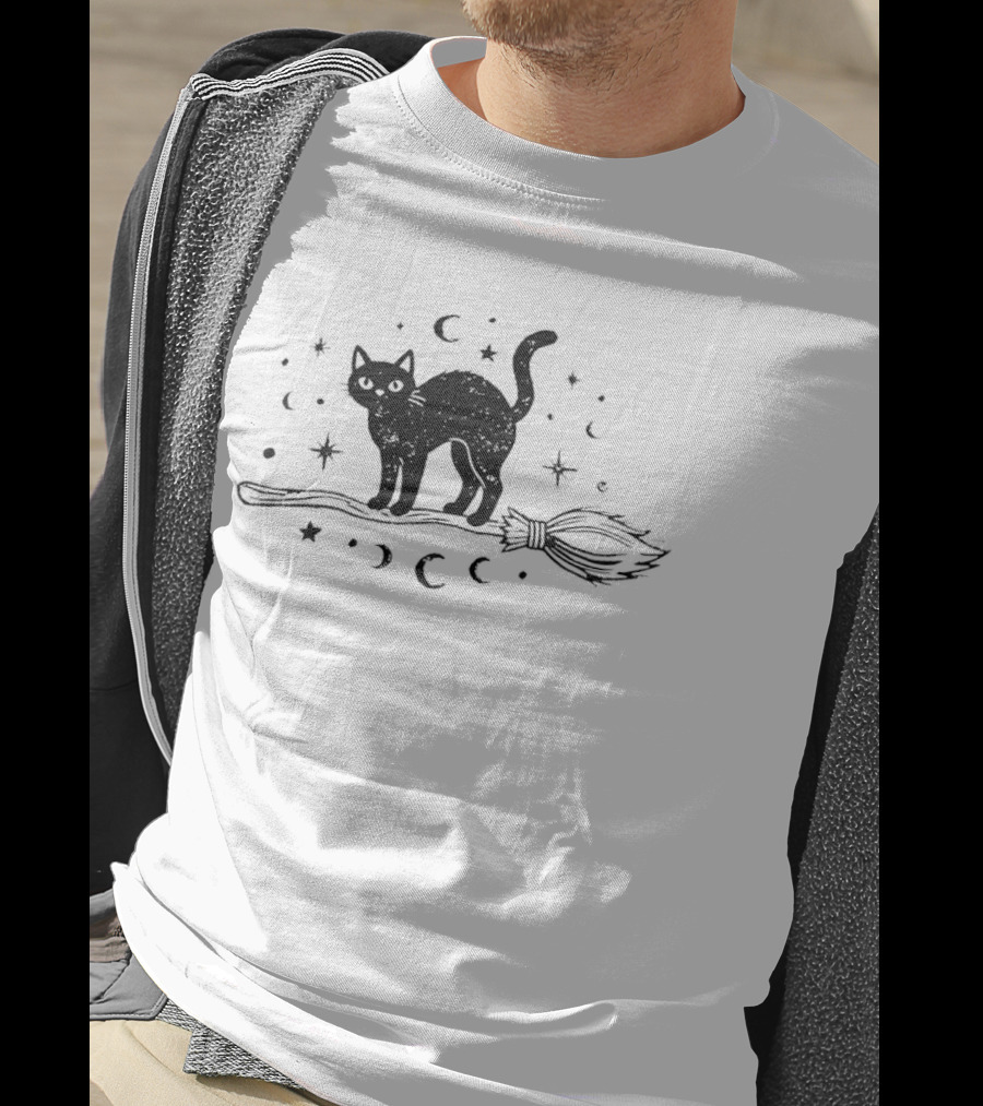 Black Cat With Celestial Moons Stars On Broomstick T-Shirt