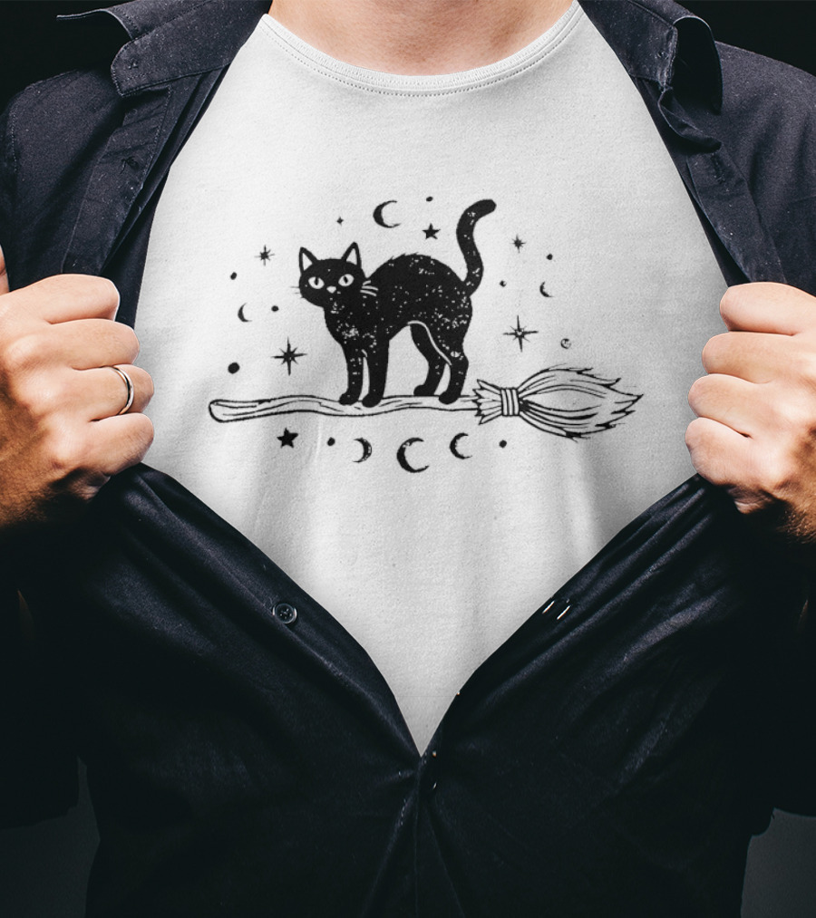 Black Cat With Celestial Moons Stars On Broomstick T-Shirt