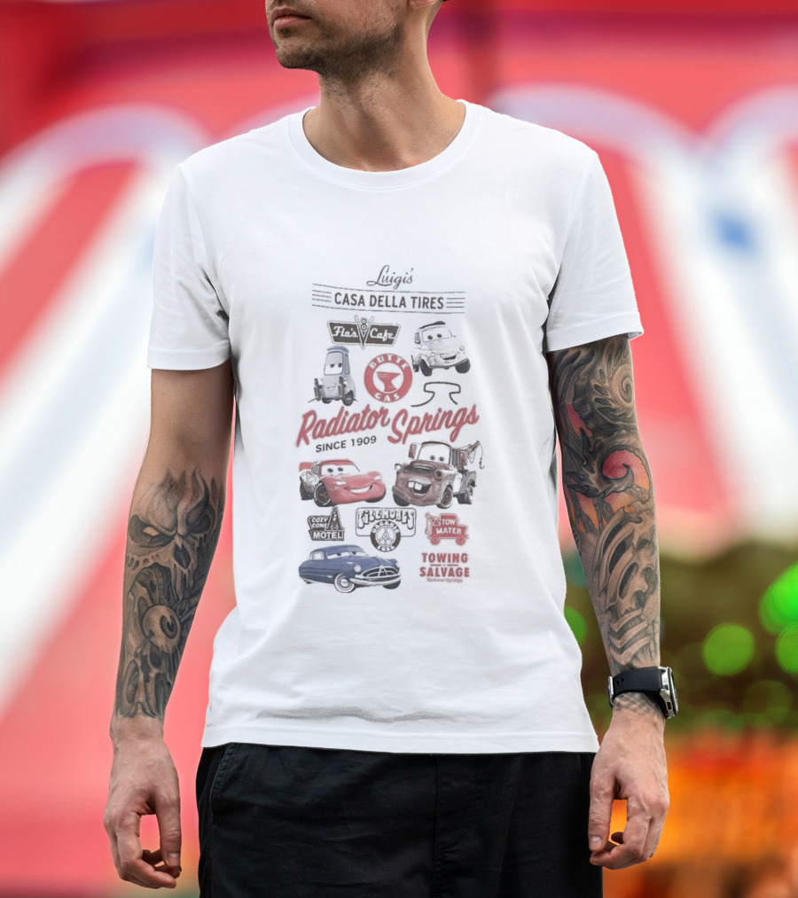 Luigi's Casa Della Tires Radiator Springs Classics Since 1909 Piston Cup Racing 95 Mater Tractor Tipping T-Shirt