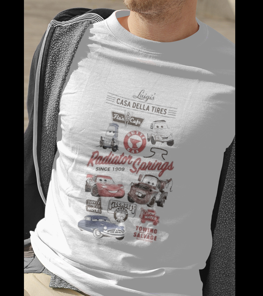 Luigi's Casa Della Tires Radiator Springs Classics Since 1909 Piston Cup Racing 95 Mater Tractor Tipping T-Shirt