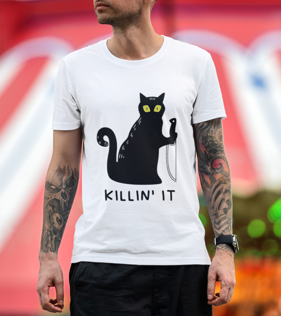 Black Cat Killin' It Halloween Knife T-Shirt