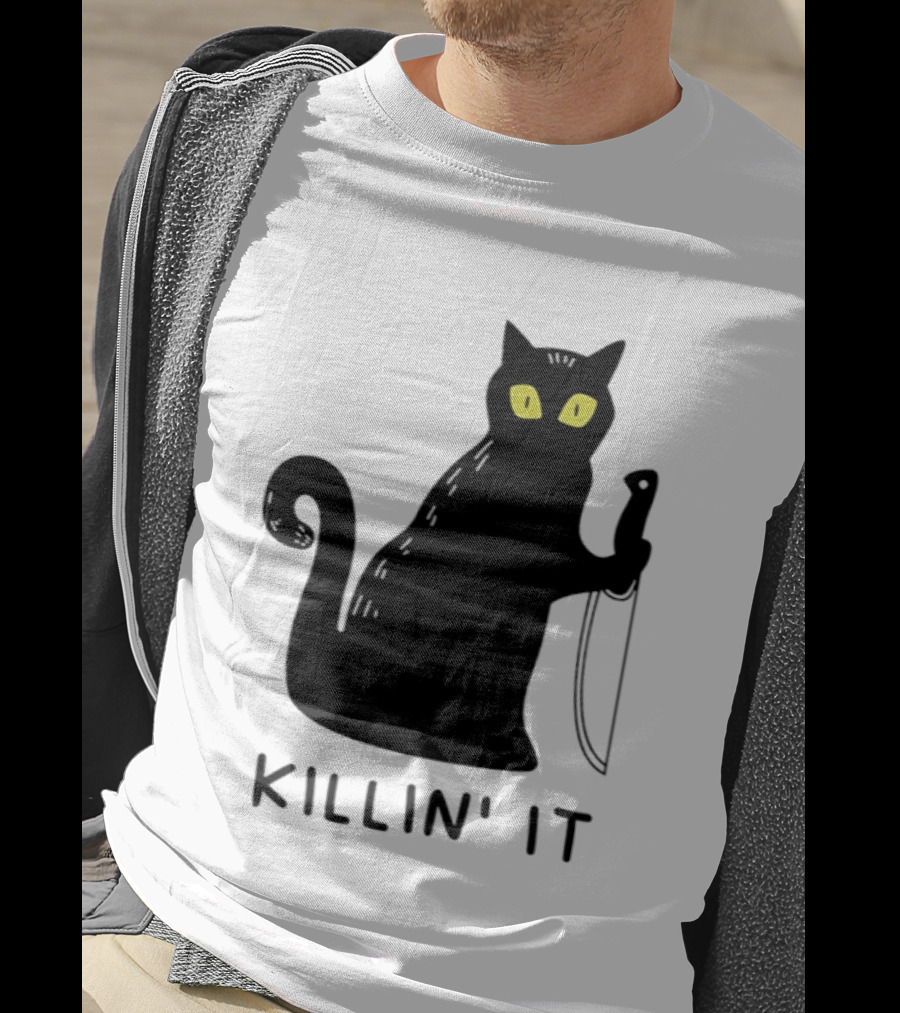 Black Cat Killin' It Halloween Knife T-Shirt