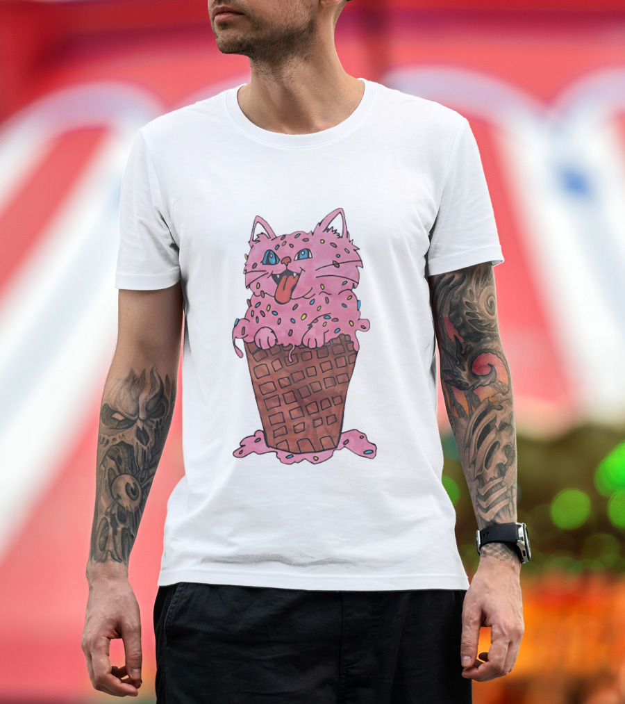 Pink Cat Ice Cream Cone Sprinkles Waffle Delight T-Shirt